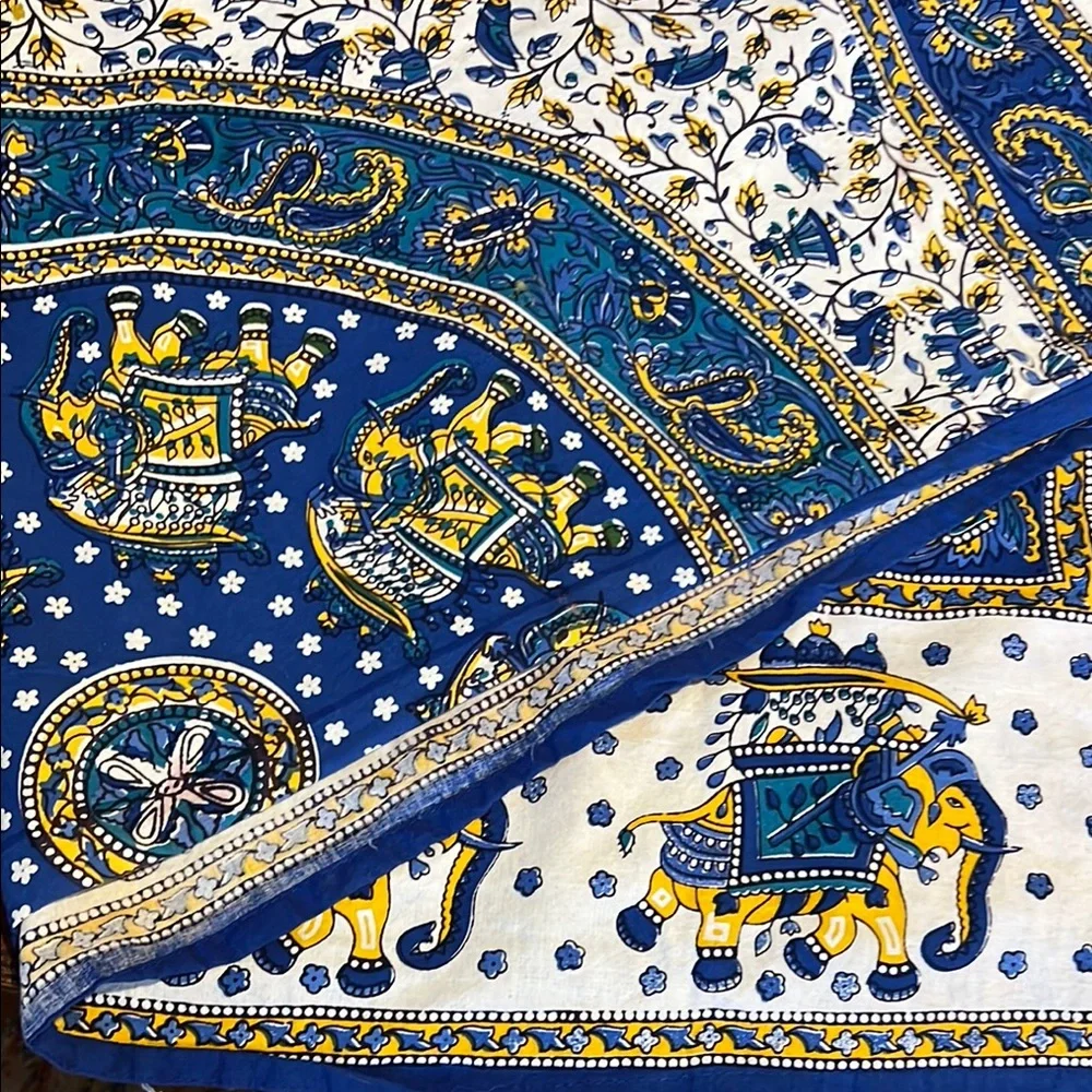 Blue and Yellow Elephant Print Fabric boho tapestry tablecloth coverlet decor